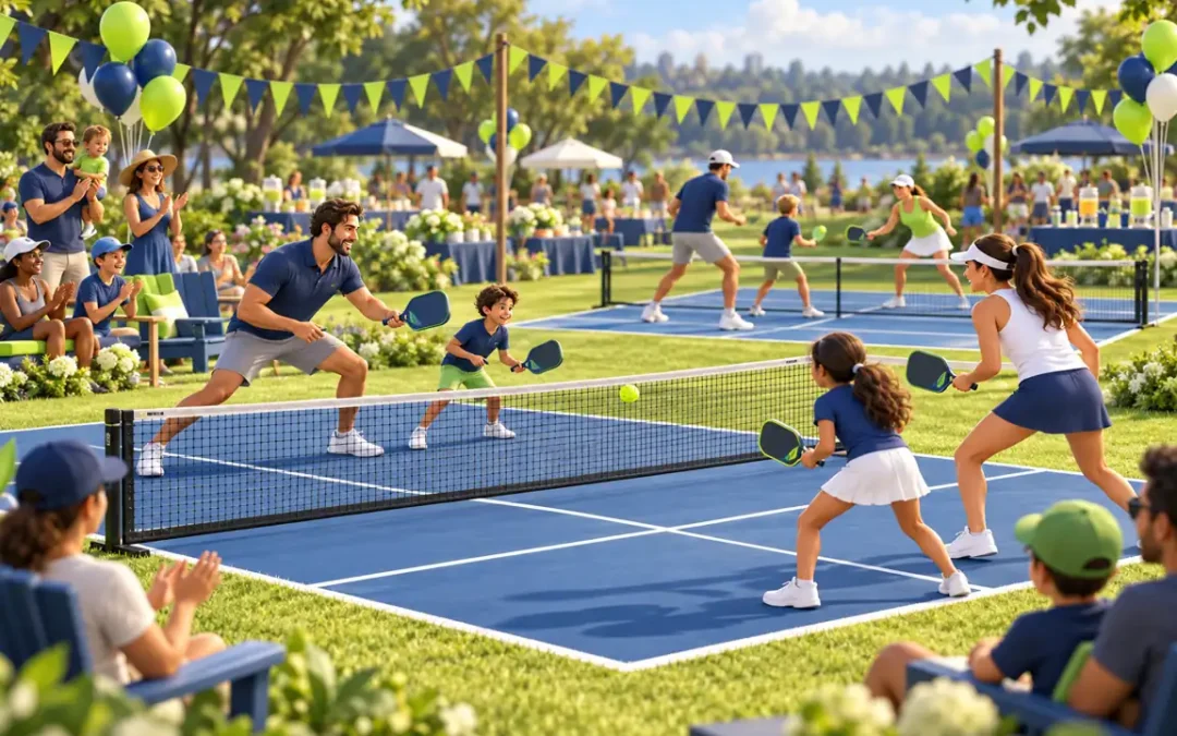 Family day de empresa con familias jugando al pickleball en pistas portátiles al aire libre