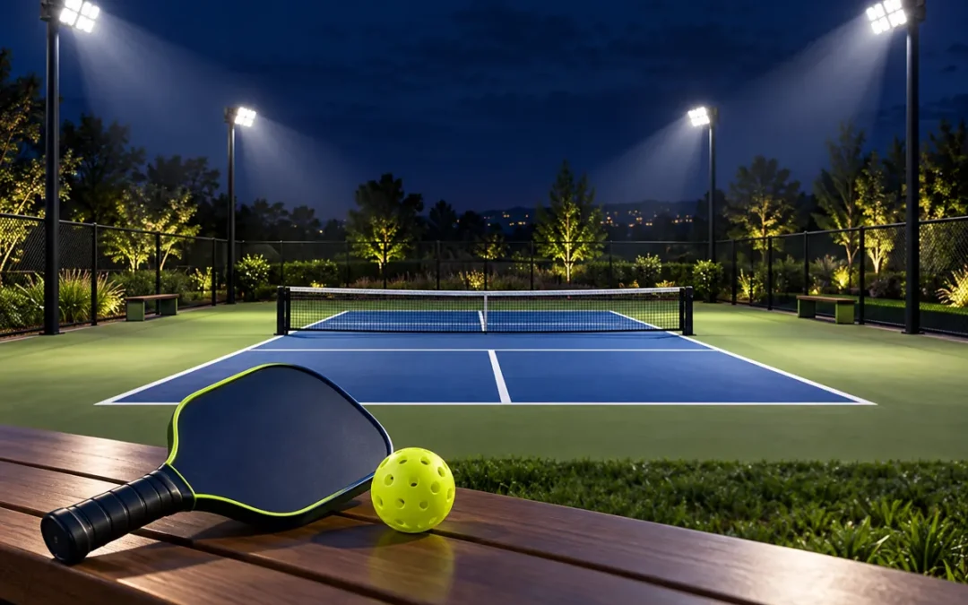 Pista de pickleball iluminada de noche por cuatro torres de focos, con pala y pelota amarilla en primer plano
