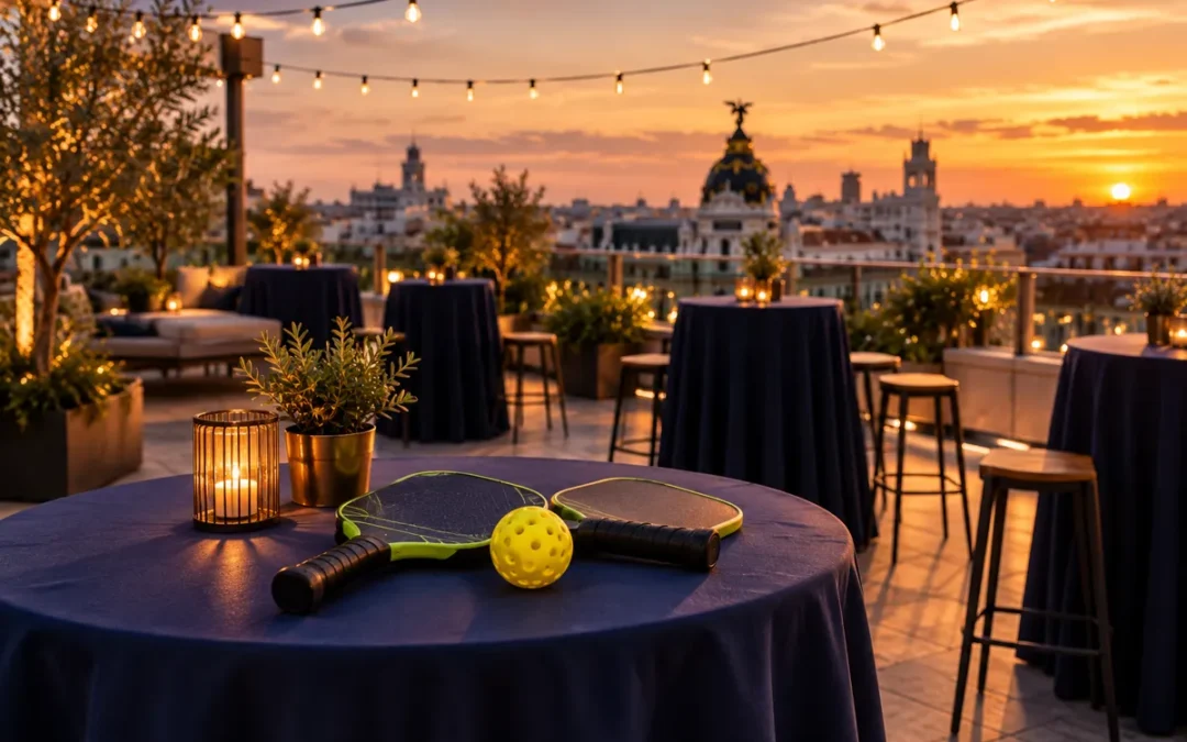 Terraza en azotea de Madrid al atardecer preparada para un evento de empresa, con palas y pelota de pickleball sobre una mesa